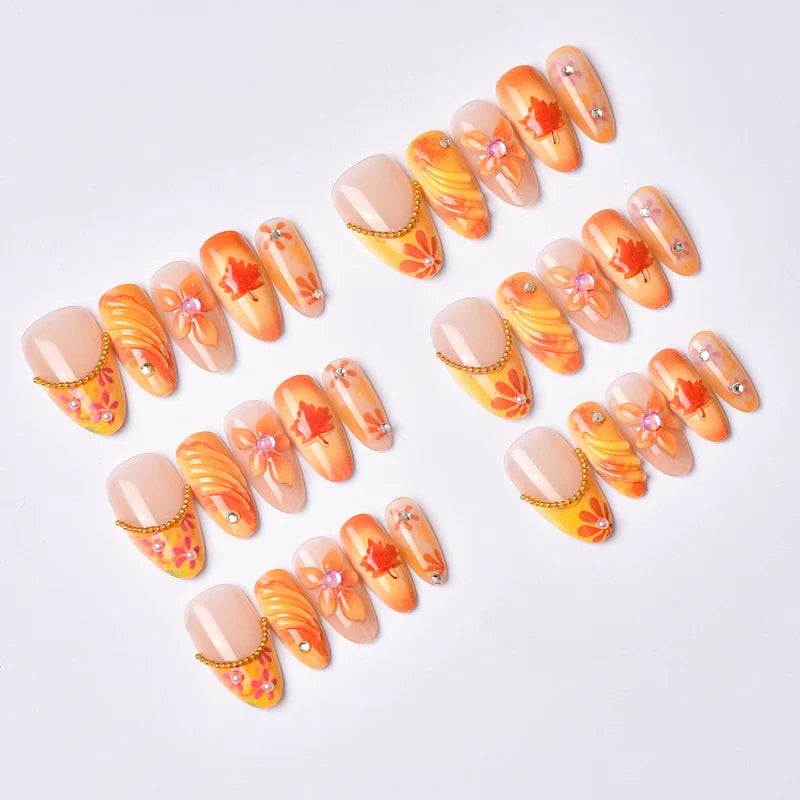Press-On Nail Set Autumn Floral Easy Application & Long-Lasting