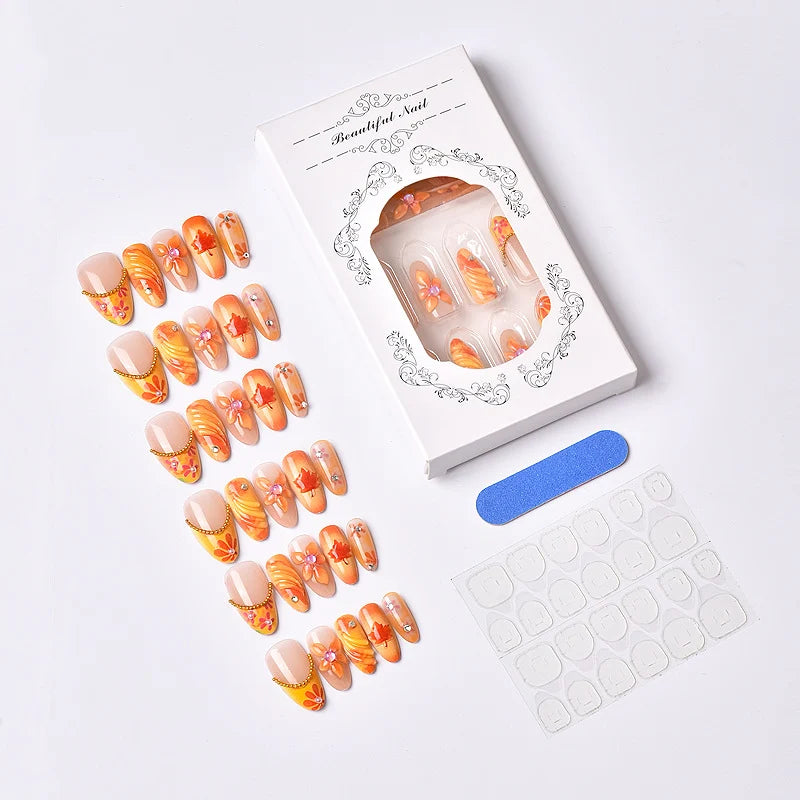 Press-On Nail Set Autumn Floral Easy Application & Long-Lasting