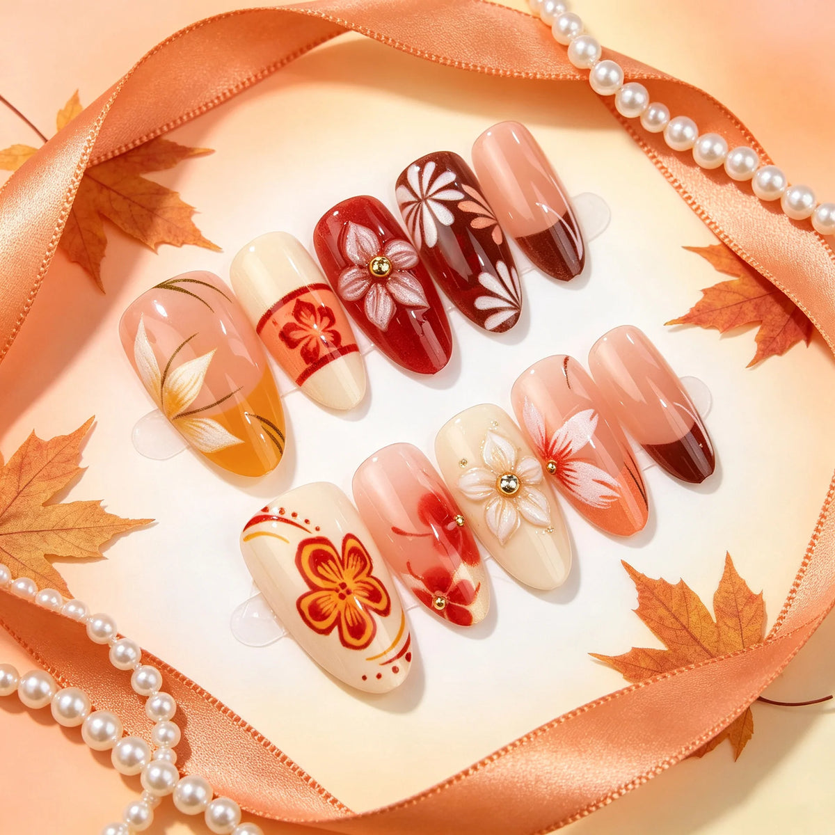 Press-On Nail Set Autumn Floral Easy Application & Nail-Safe