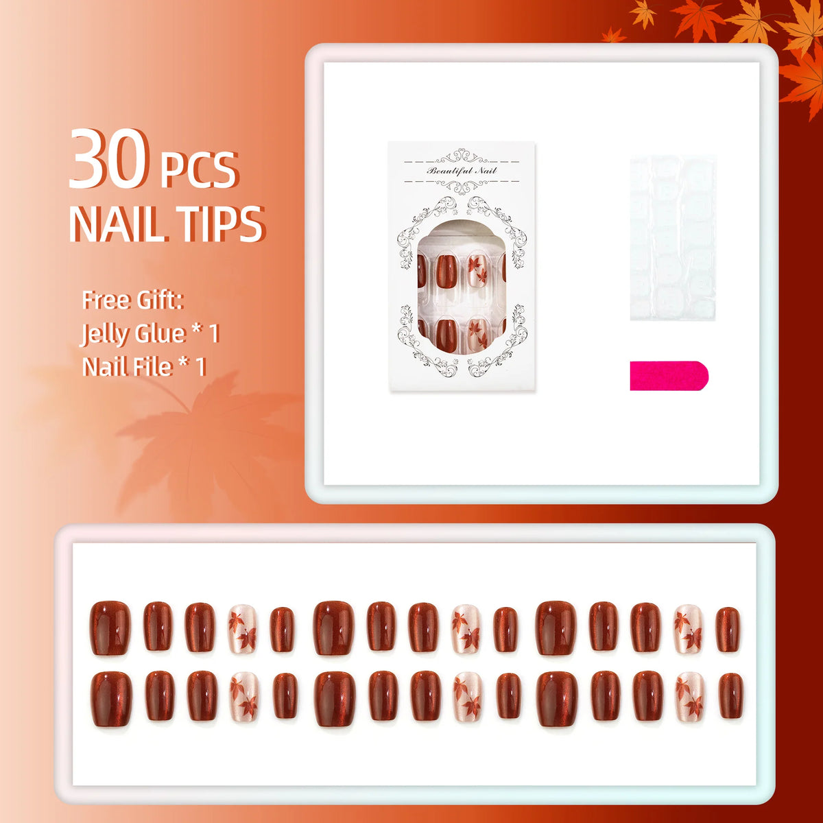 Press-On Nail Set Autumn Leaf Design Easy Application