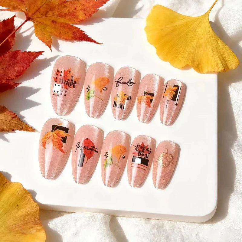Press-On Nail Set Autumn Leaf Designs Peel-And-Press Reusable