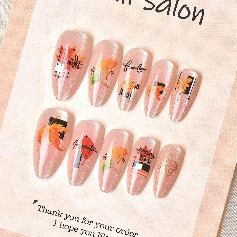 Press-On Nail Set Autumn Leaf Designs Peel-And-Press Reusable