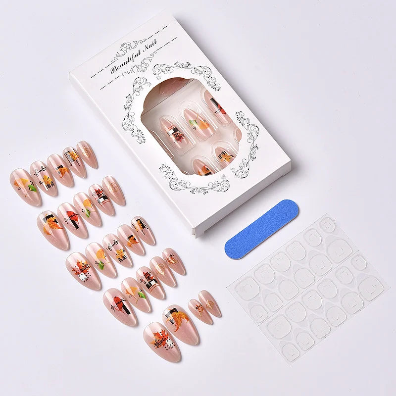 Press-On Nail Set Autumn Leaf Designs Peel-And-Press Reusable