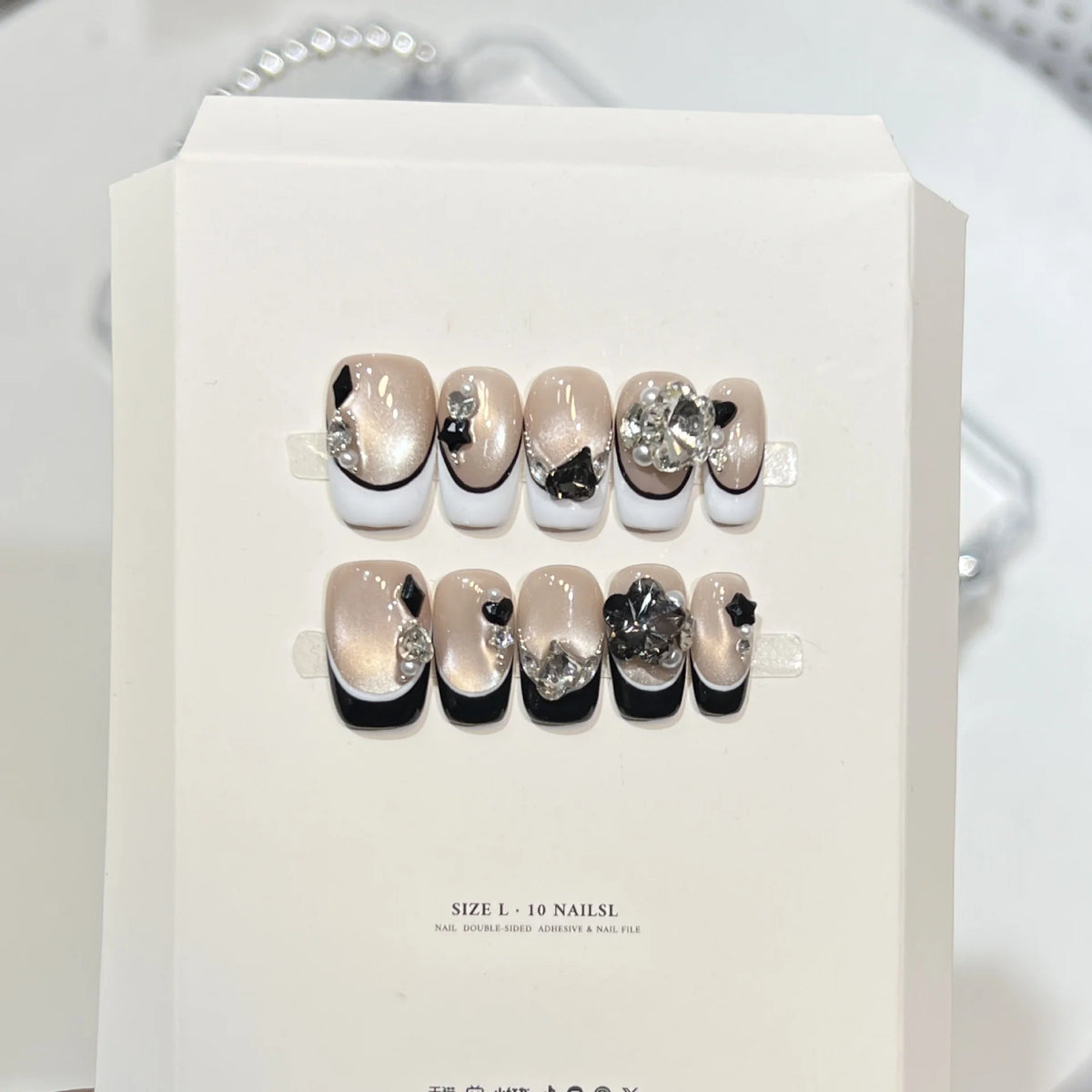 Press-On Nail Set Beige & Black Gemstone Reusable Double-Sided Adhesive