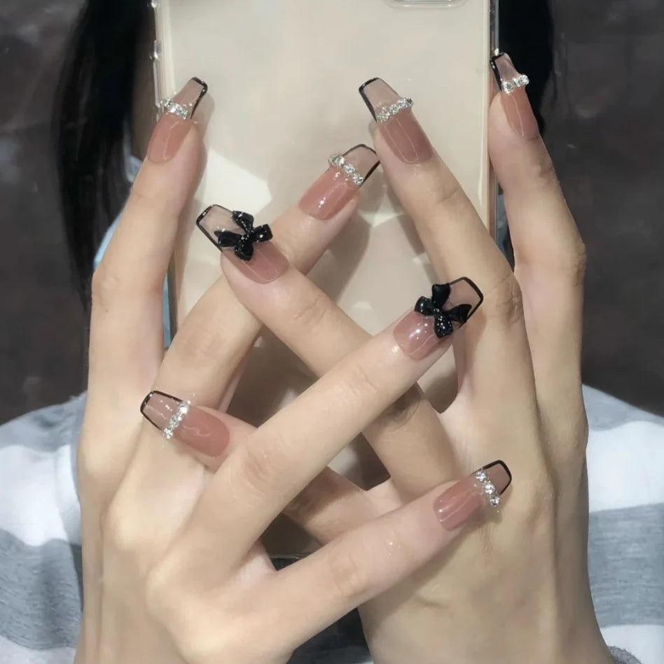 Press-On Nail Set Black Butterfly Glue-On Reusable