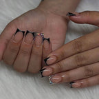 Press-On Nail Set Black French Tips Rhinestone Accents