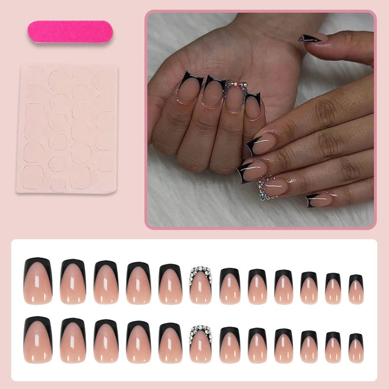 Press-On Nail Set Black French Tips Rhinestone Accents