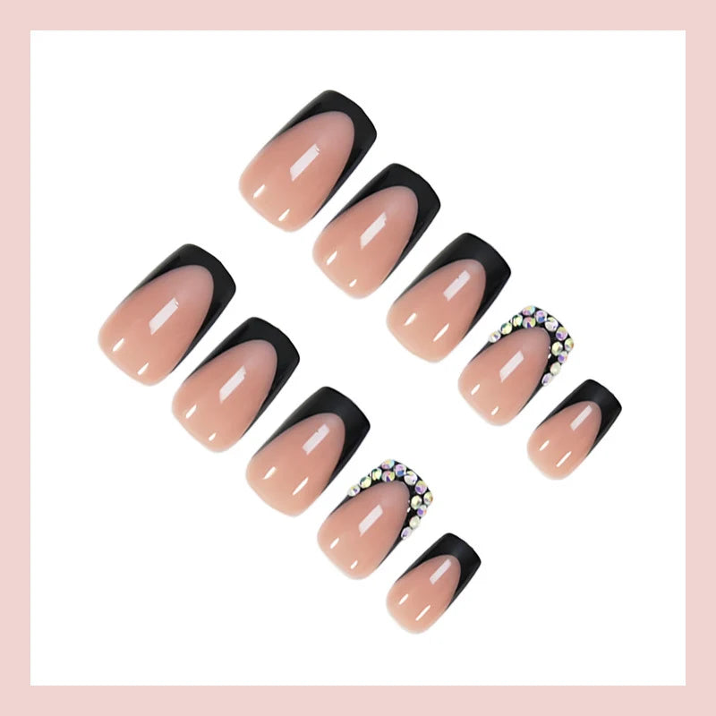 Press-On Nail Set Black French Tips Rhinestone Accents