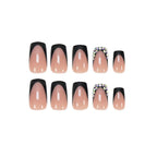 Press-On Nail Set Black French Tips Rhinestone Accents