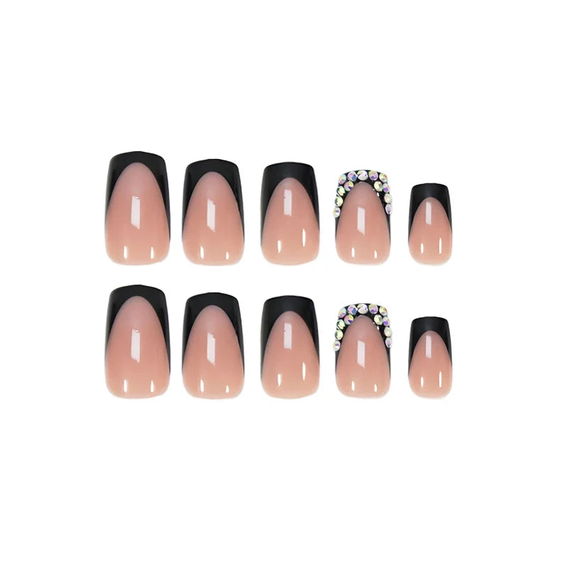 Press-On Nail Set Black French Tips Rhinestone Accents