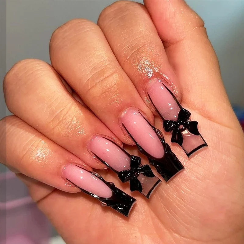 Press-On Nail Set Black & Pink Easy Apply