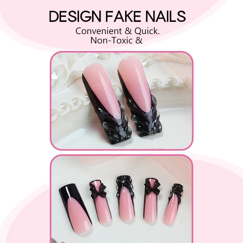 Press-On Nail Set Black & Pink Easy Apply