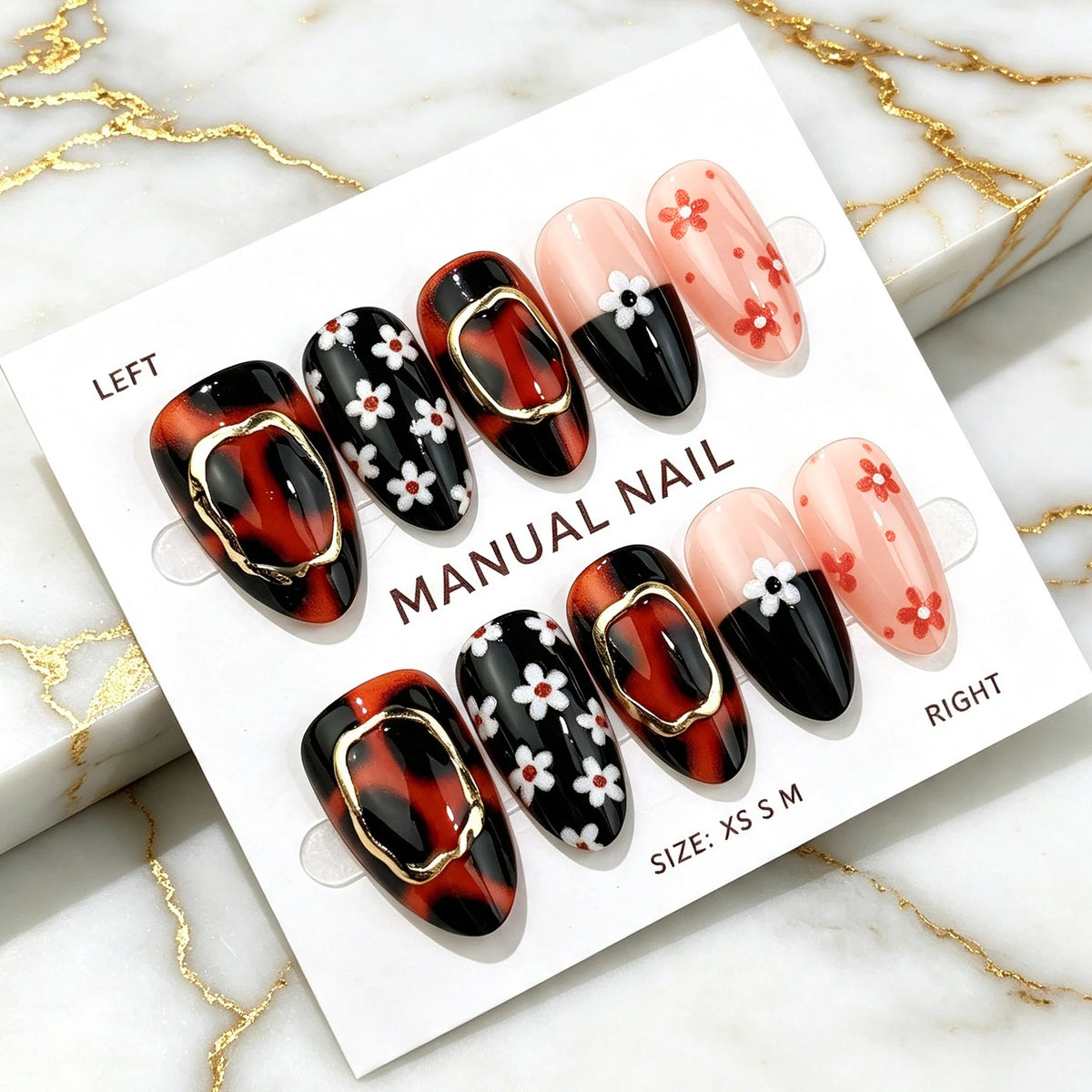 Press-On Nail Set Black Red Floral Durable Easy Application