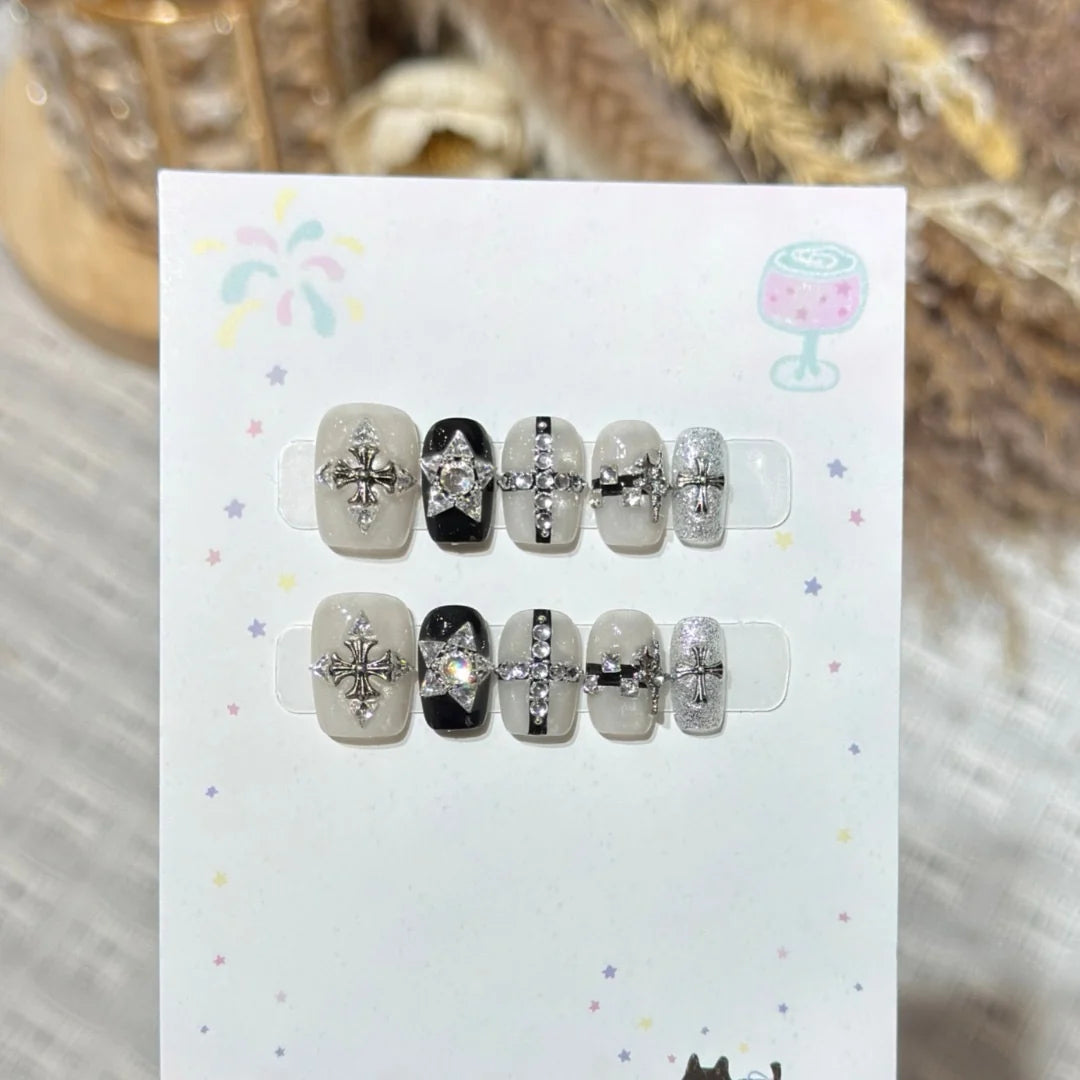 Press-On Nail Set Black & Silver Rhinestones Custom Fit