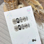 Press-On Nail Set Black & Silver Rhinestones Custom Fit