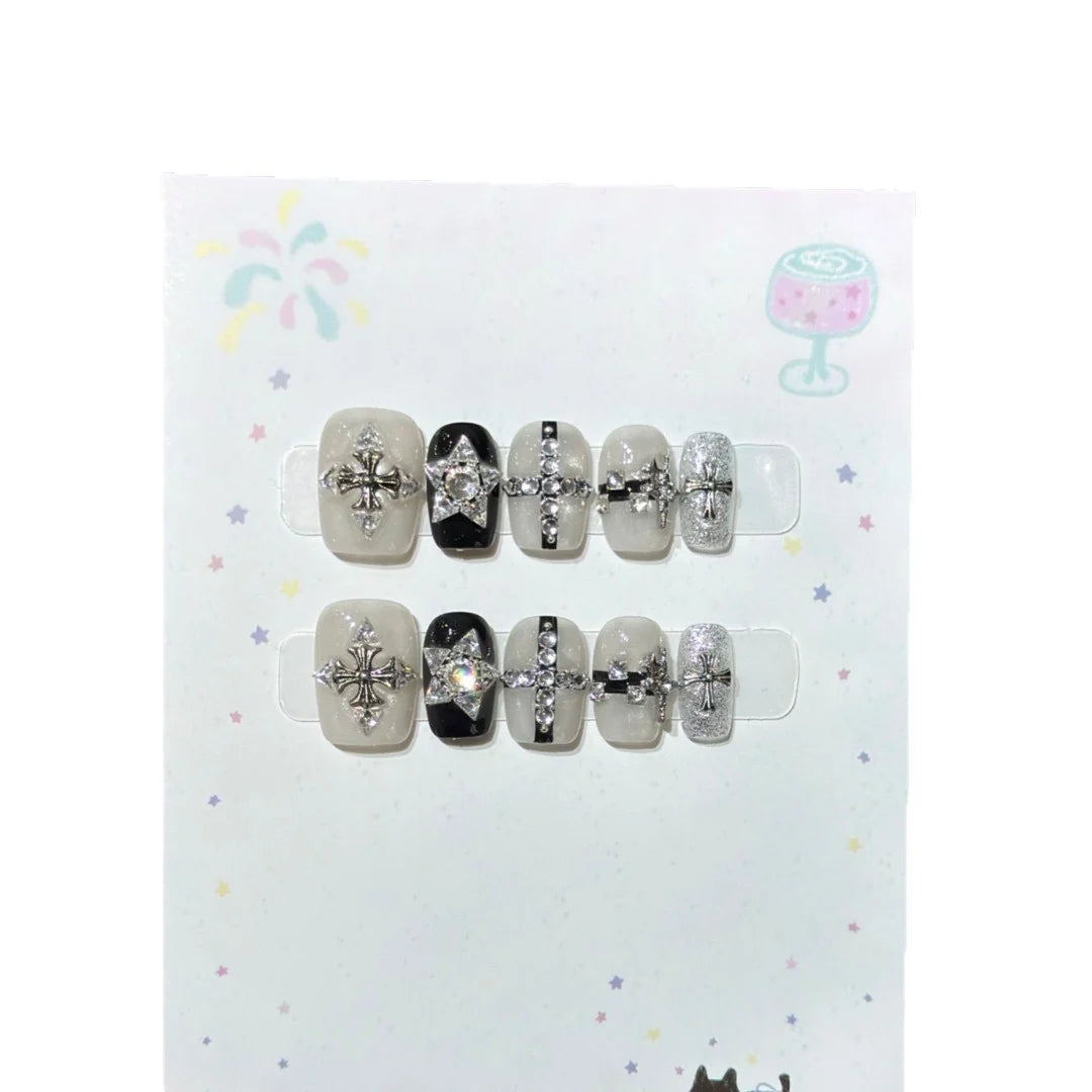 Press-On Nail Set Black & Silver Rhinestones Custom Fit