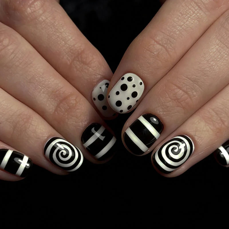 Press-On Nail Set Black & White Designs Easy Application