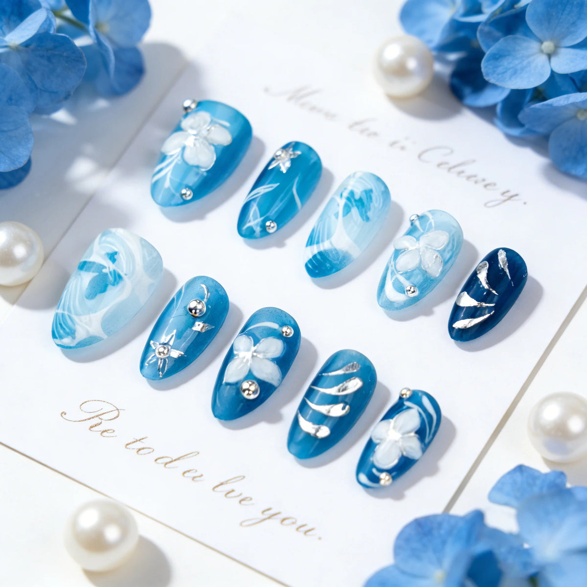 Press-On Nail Set Blue Floral Easy At Home