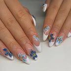Press-On Nail Set Blue Floral French Tip
