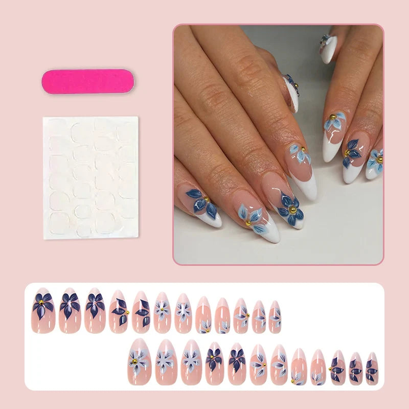 Press-On Nail Set Blue Floral French Tip