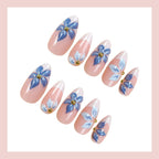 Press-On Nail Set Blue Floral French Tip