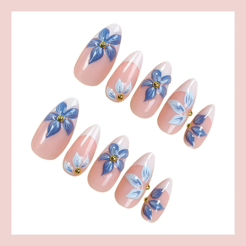 Press-On Nail Set Blue Floral French Tip