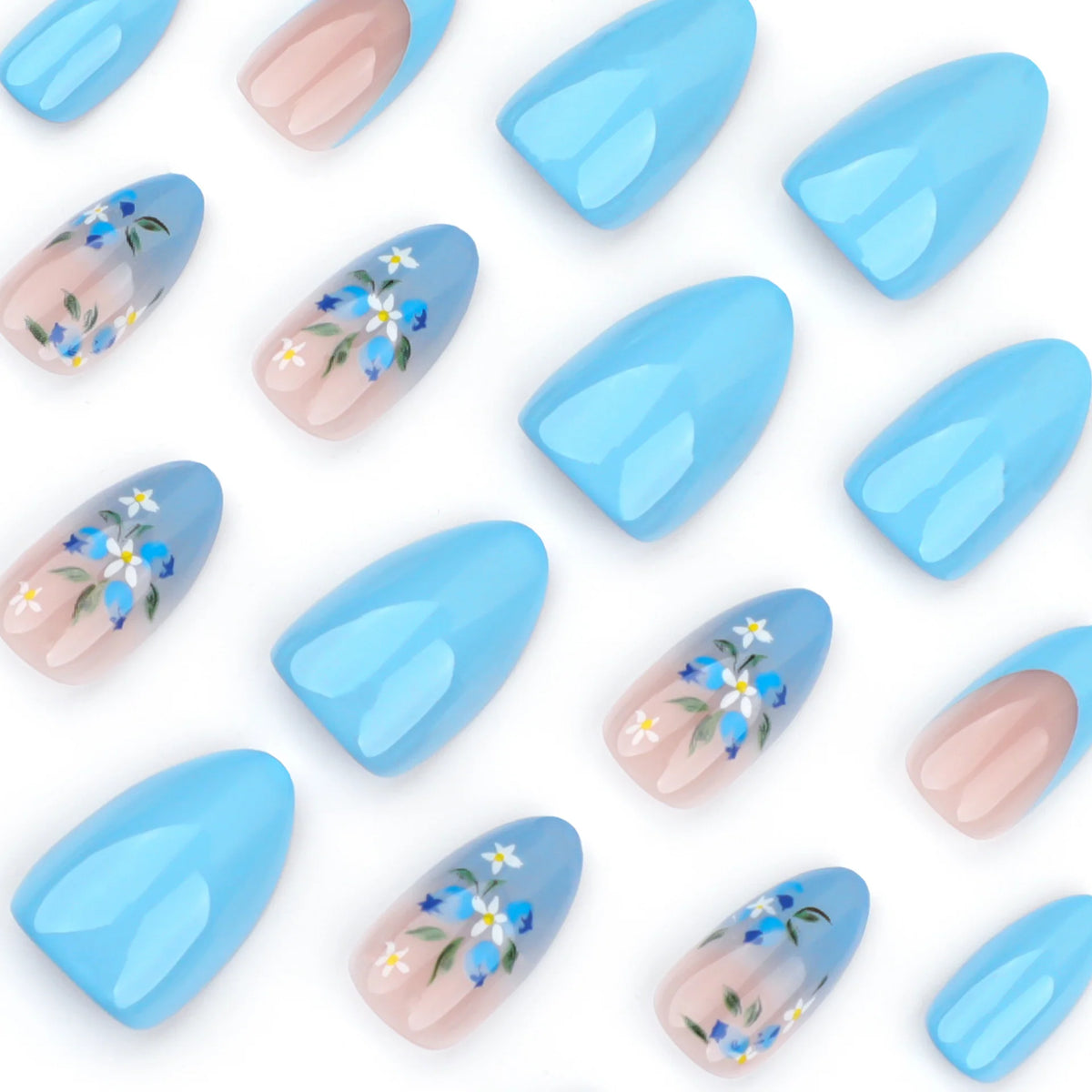 Press-On Nail Set Blue Floral Pointed Shape & Comfortable Fit