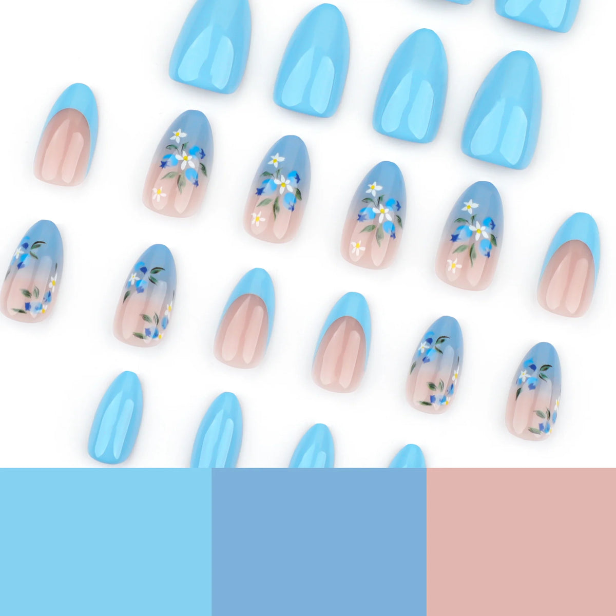Press-On Nail Set Blue Floral Pointed Shape & Comfortable Fit