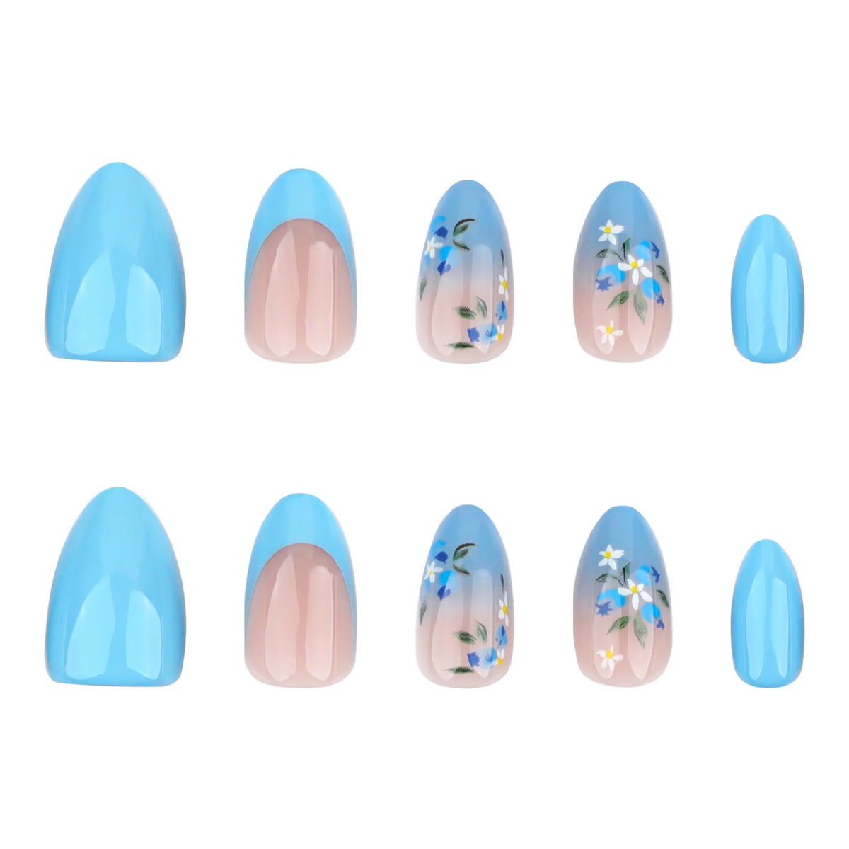 Press-On Nail Set Blue Floral Pointed Shape & Comfortable Fit