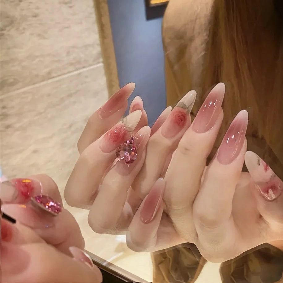Press-On Nail Set Blush Rose Floral Glue-On Multiple Sizes