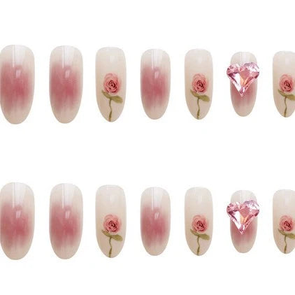 Press-On Nail Set Blush Rose Floral Glue-On Multiple Sizes