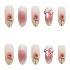 Press-On Nail Set Blush Rose Floral Glue-On Multiple Sizes