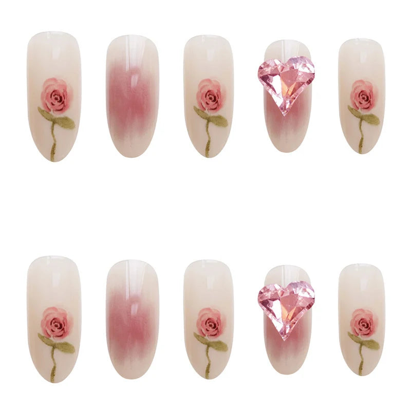 Press-On Nail Set Blush Rose Floral Glue-On Multiple Sizes