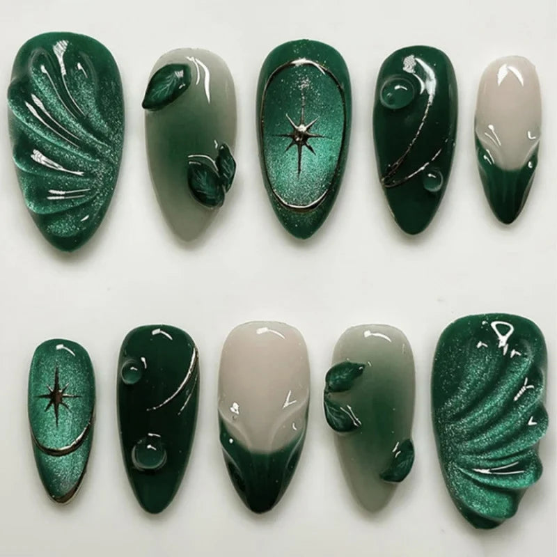 Press-On Nail Set Botanical 3D Embellishments Long-Lasting Finish