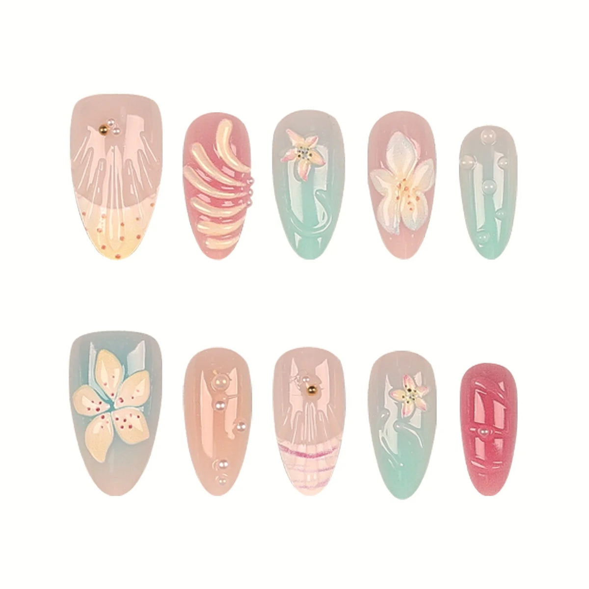 Press-On Nail Set Botanical Art Self-Adhesive Multiple Sizes