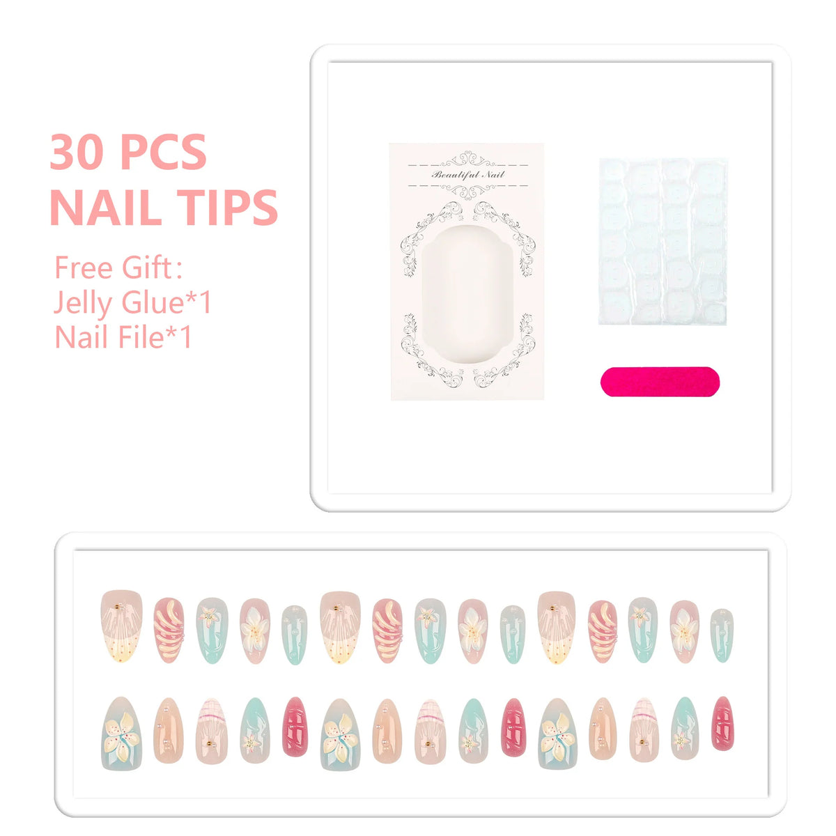 Press-On Nail Set Botanical Art Self-Adhesive Multiple Sizes