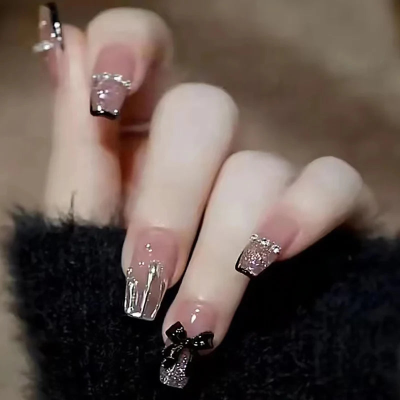 Press-On Nail Set Bow Accent & Sparkle Reusable