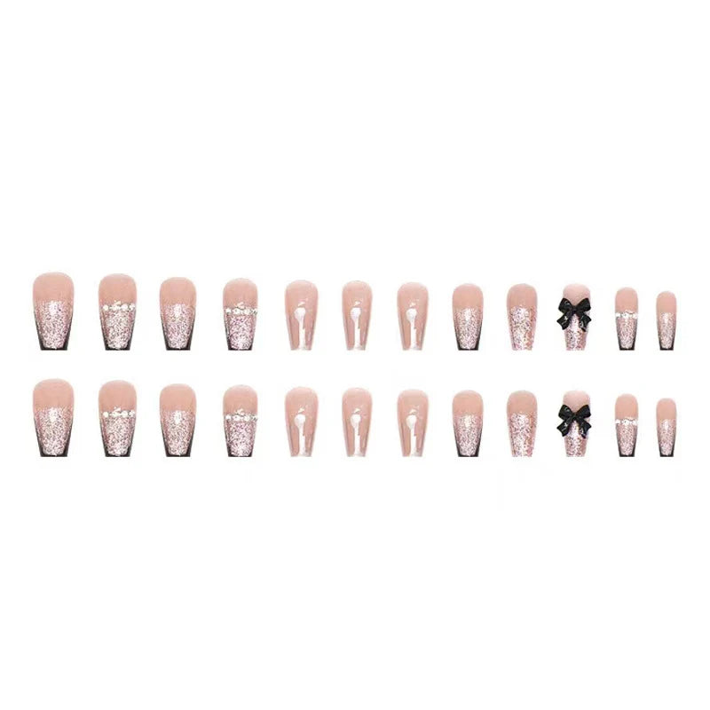 Press-On Nail Set Bow Accent & Sparkle Reusable