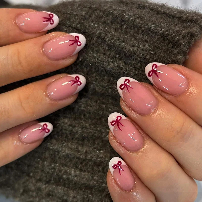 Press-On Nail Set Bow Design Easy Application Long-Lasting Wear
