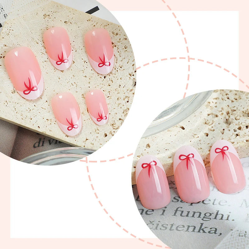 Press-On Nail Set Bow Design Easy Application Long-Lasting Wear