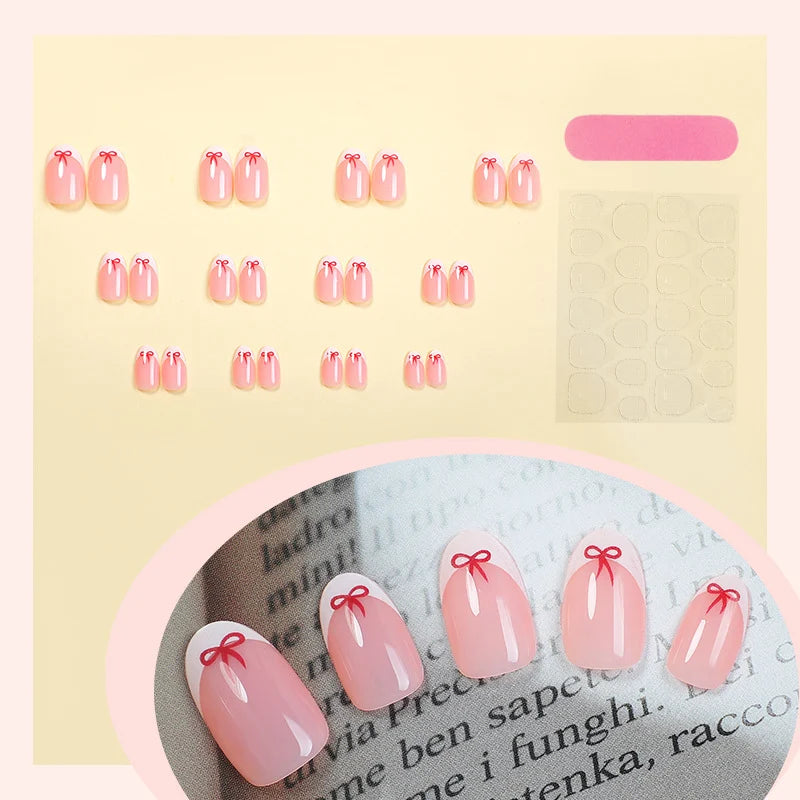 Press-On Nail Set Bow Design Easy Application Long-Lasting Wear