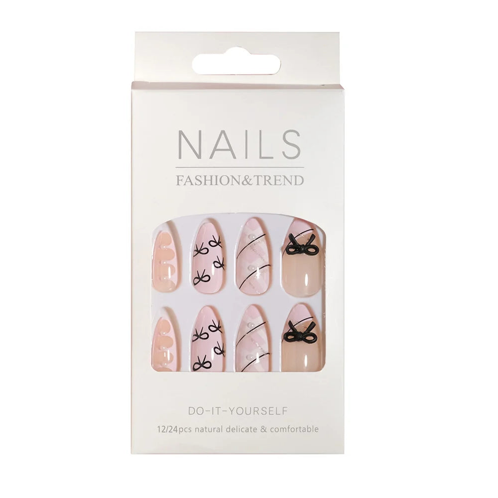 Press-On Nail Set Bow & Dot Reusable 24 Pieces With Glue