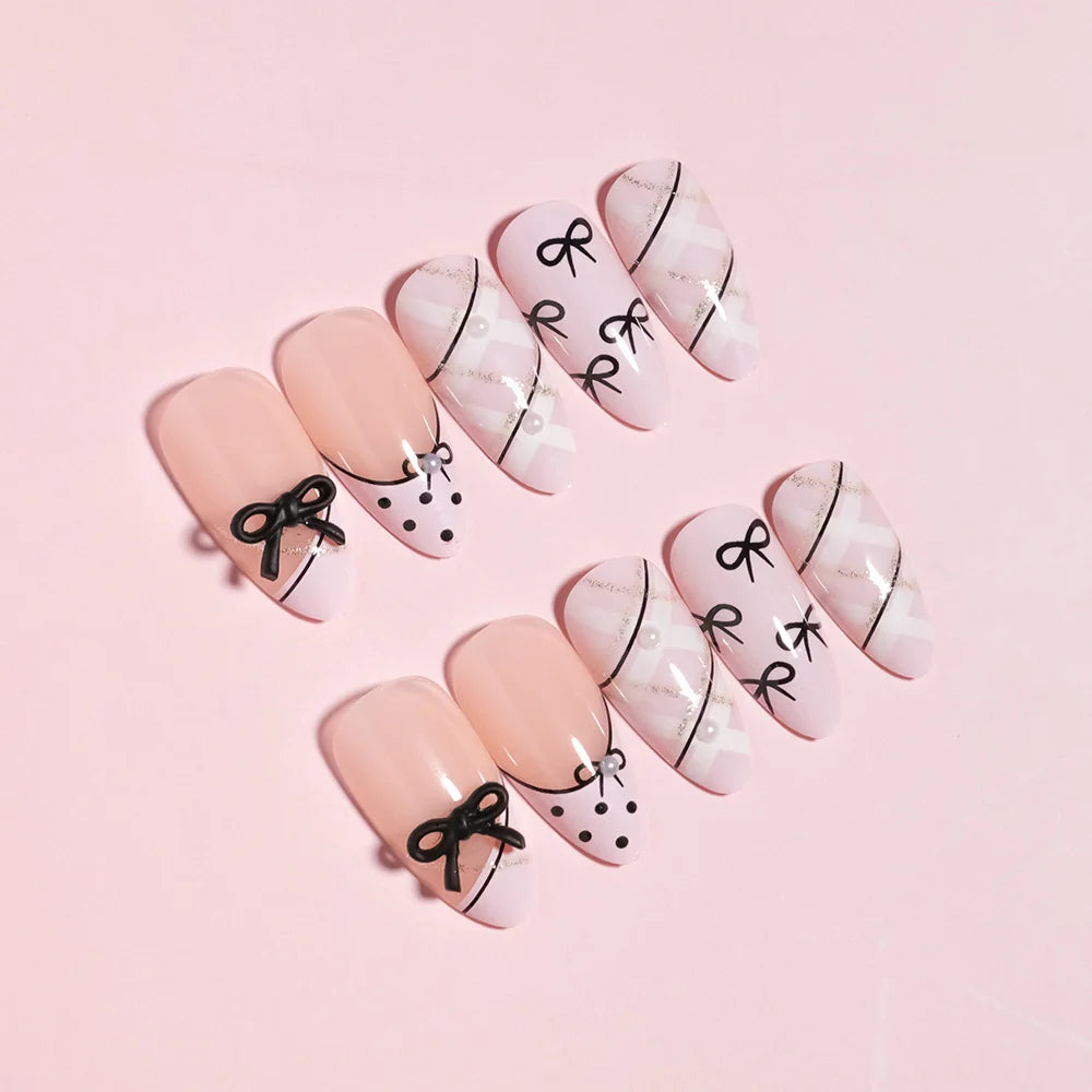 Press-On Nail Set Bow & Dot Reusable 24 Pieces With Glue