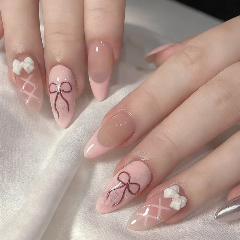 Press-On Nail Set Bow & Floral Accents Includes Glue
