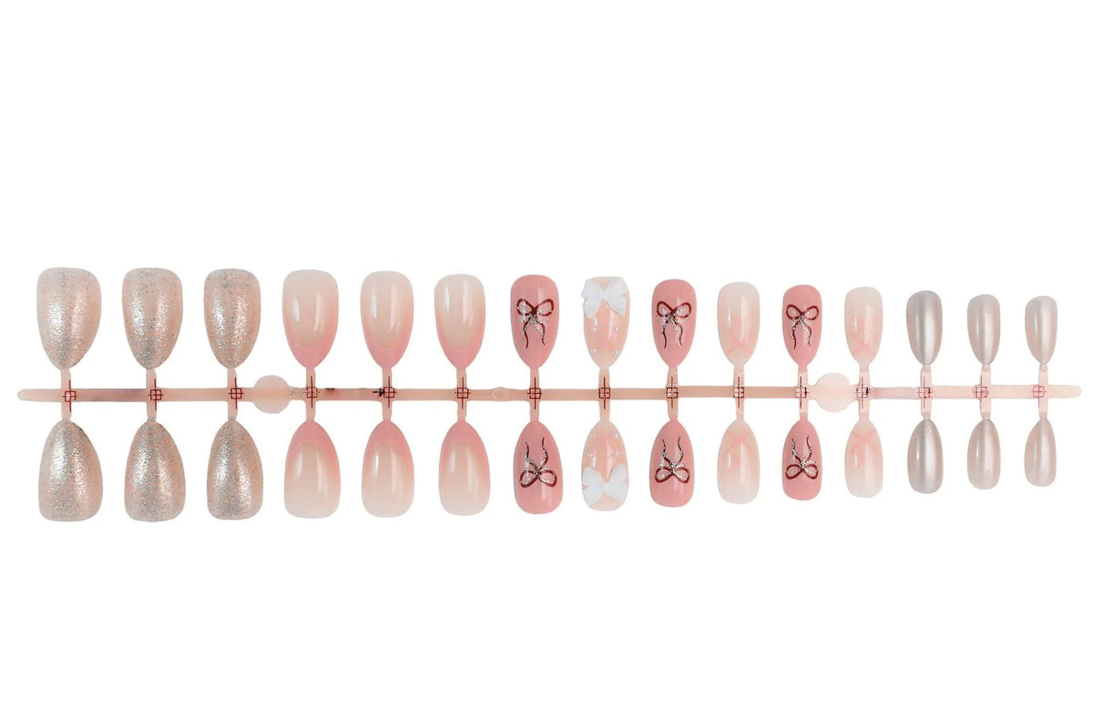 Press-On Nail Set Bow & Floral Accents Includes Glue