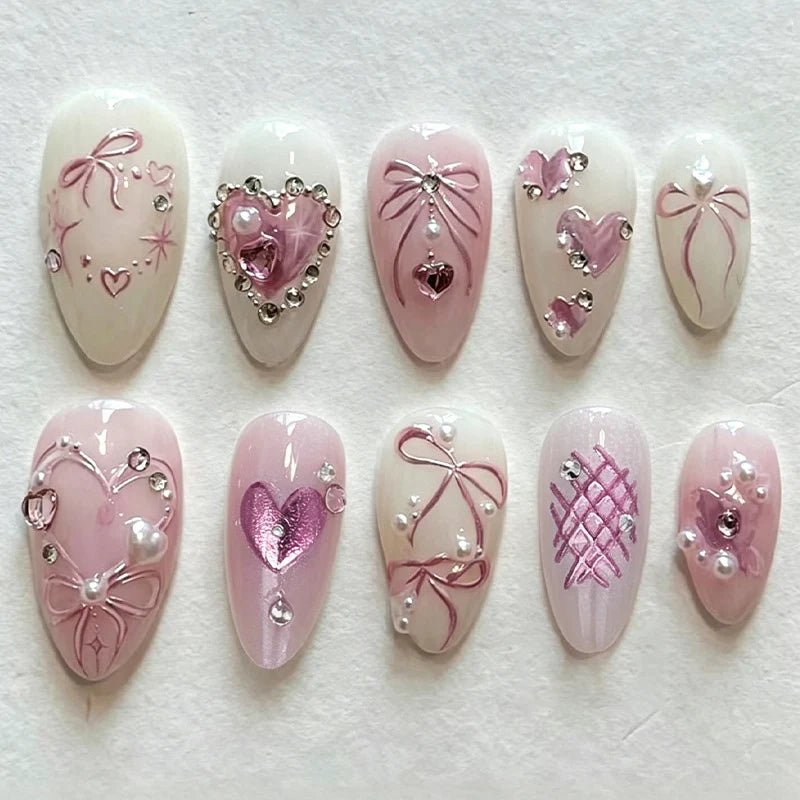 Press-On Nail Set Bow & Heart Designs Easy Apply