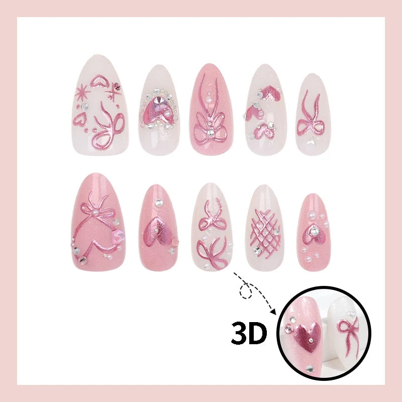 Press-On Nail Set Bow & Heart Designs Easy Apply