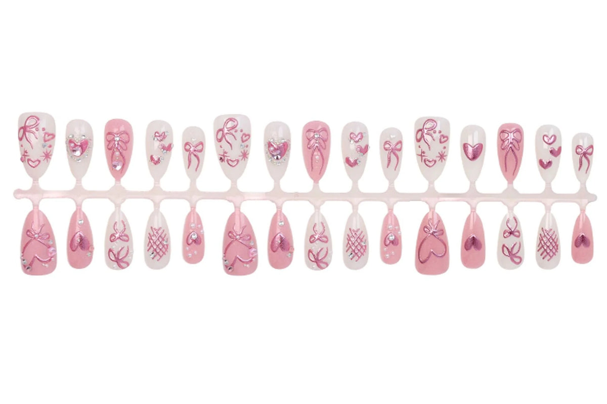 Press-On Nail Set Bow & Heart Designs Easy Apply