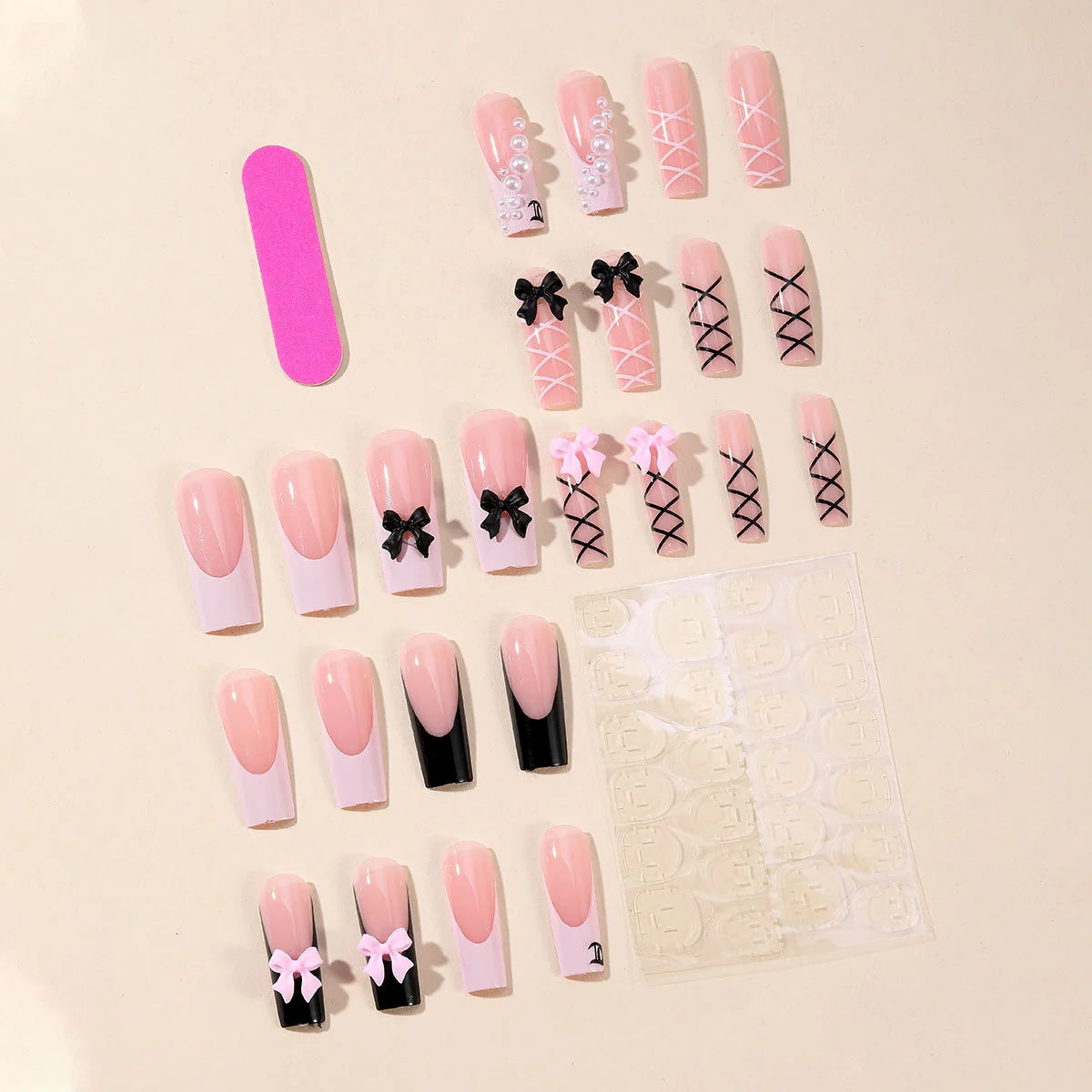 Press-On Nail Set Bow & Pearl Accents Chip-Resistant