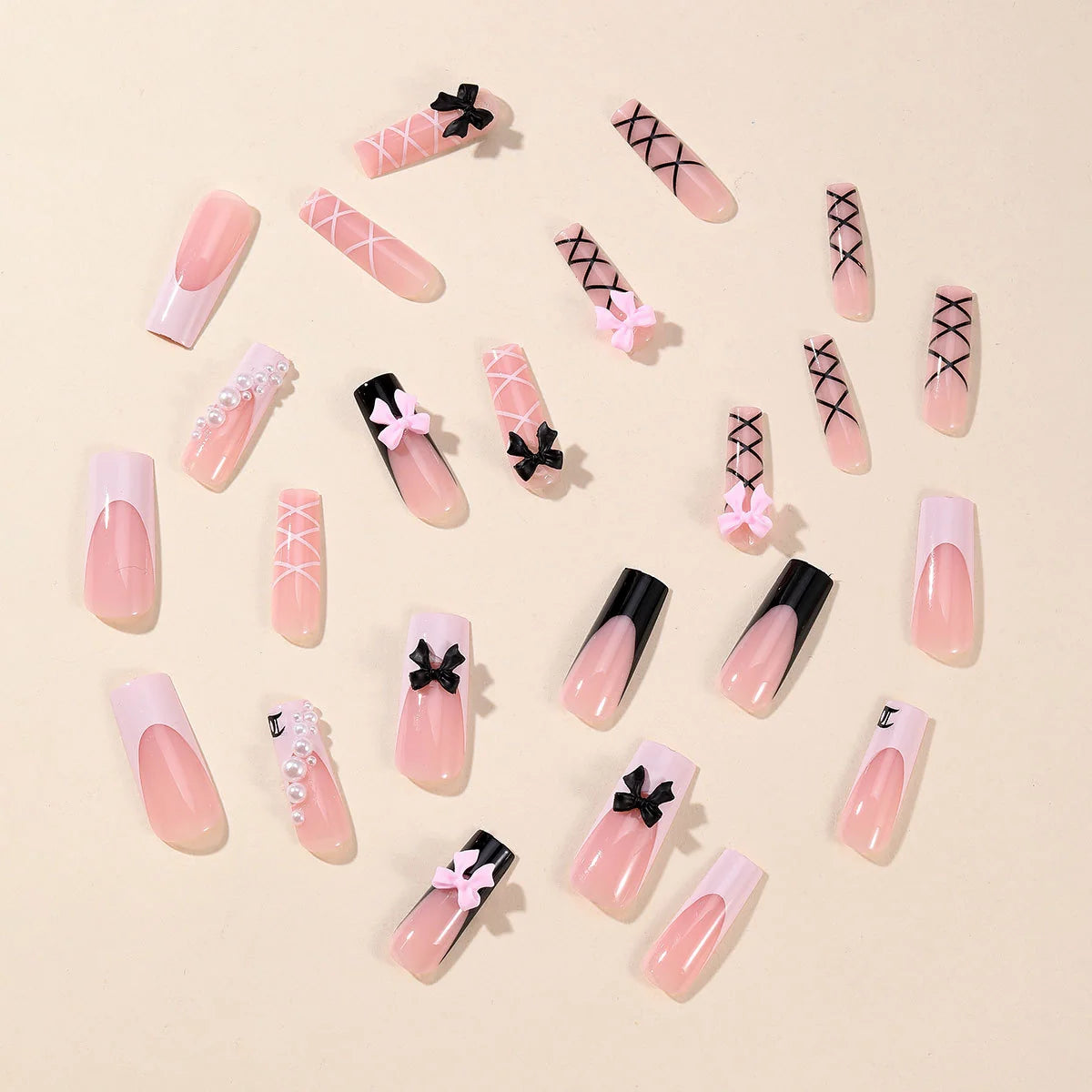 Press-On Nail Set Bow & Pearl Accents Chip-Resistant
